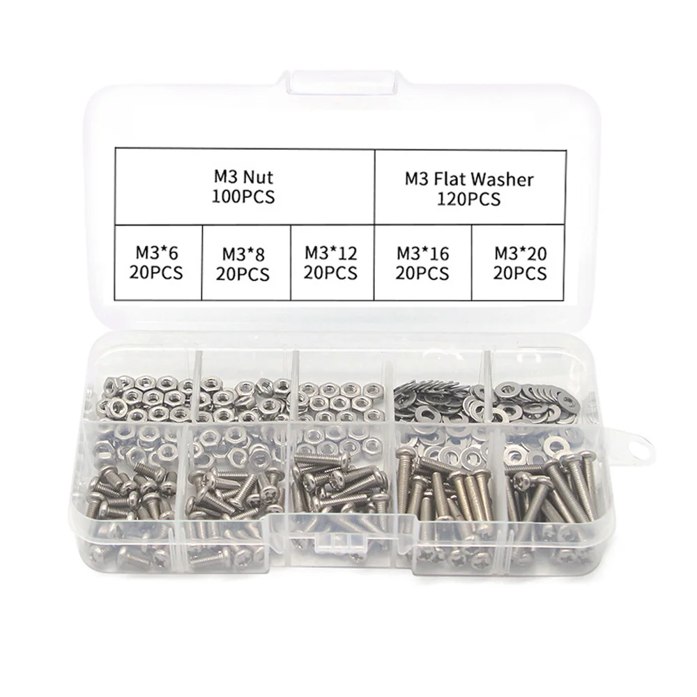 

320 шт. винт M3 из нержавеющей стали с шестигранной головкой, винты с шестигранной головкой, набор гаек, круглый болт с плоской головкой, шайба, набор в ассортименте