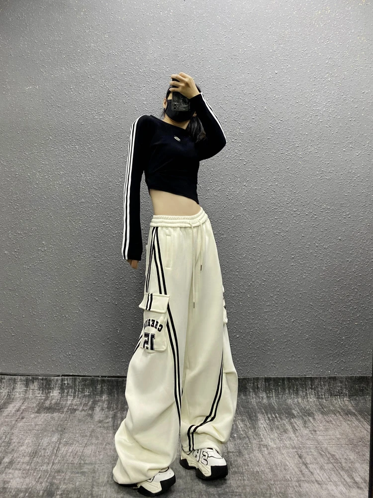 

American Stripe Color Blo Loose Drapey Casual Pants Women's Spring New High Waist Slimming Spor Banana Pants Street Sle