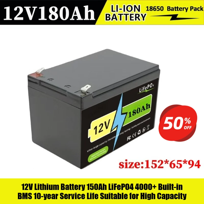 

12V Lithium Battery 150Ah LiFePO4 4000+ Built-in BMS 10-year Service Life Suitable for High Capacity