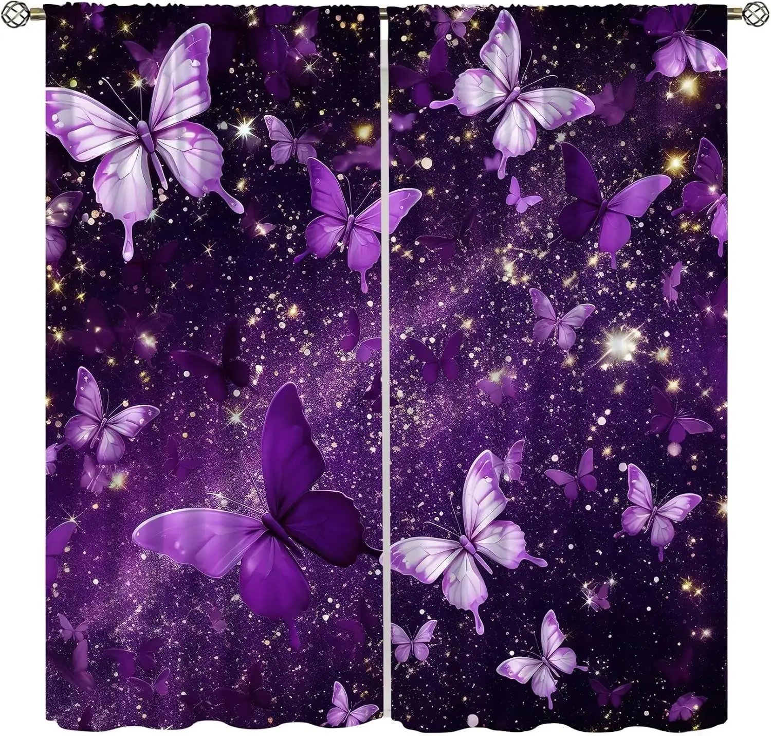 Magical Dark Purple Galaxy Butterfly Curtain Shiny Glitter Star Gradient Violet Wing Full Print Drape Dreamy Moody Retro