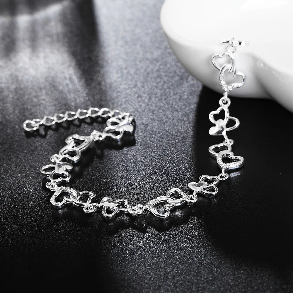 Fine charms 925 Sterling silver Pretty romantic heart chain Bracelet for woman luxury jewelry Wedding party Holiday gifts