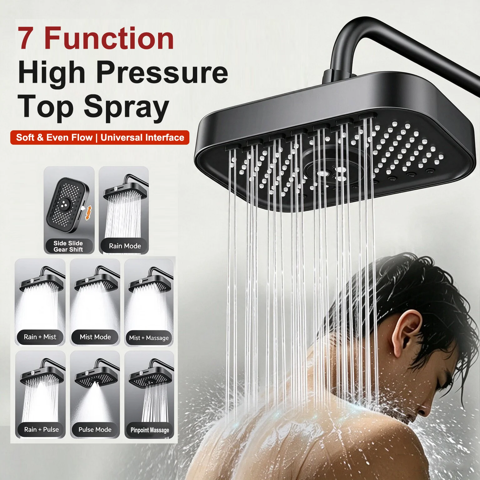 Multifunctional High Pressure Large Flow Ceiling Mounted Shower Head 7-Function Side Slide Gear Shift  Thicken Bathroom Shower