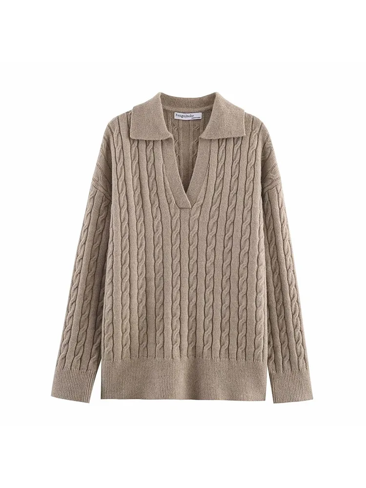 

Женский осенне-зимний винтажный свитер-поло с витым вырезом, женский свободный топ в ленивом стиле с отложным воротником, шерстяной трикотаж