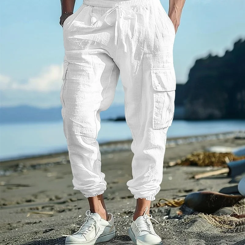 

Loose Cotton Linen Men's Casual Pants Autumn Spring Season Multi Pocket Drawstring Trousers Pure Color Workwear Style
