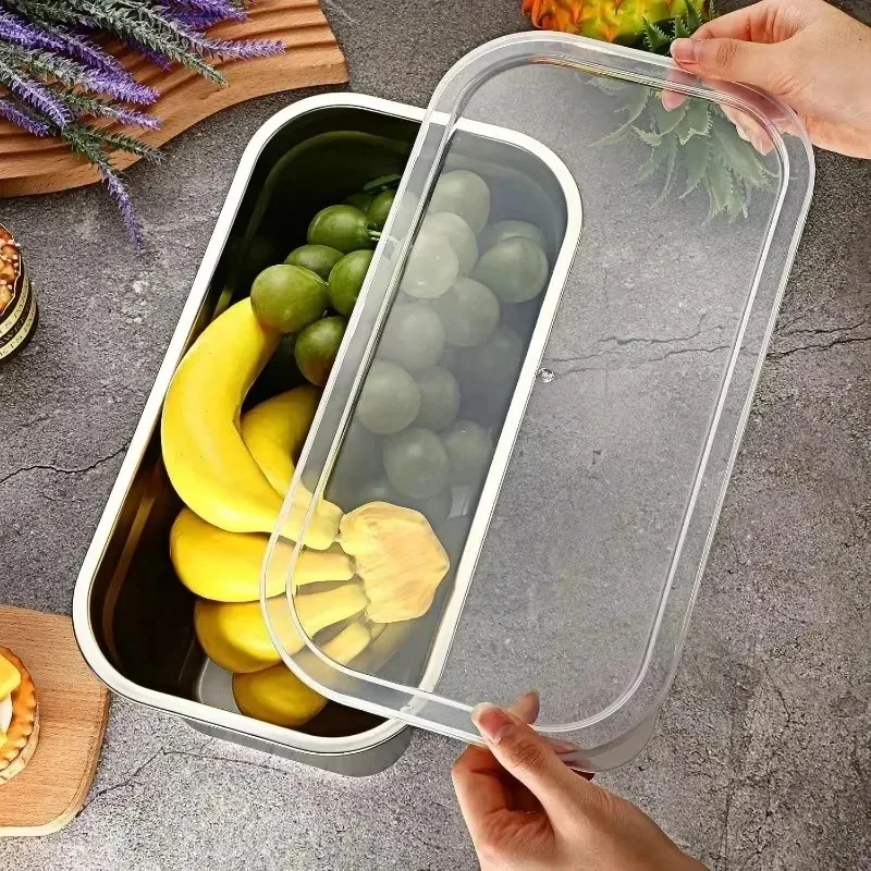حاوية تخزين الطعام من الفولاذ المقاوم للصدأ، طبق مستطيل مع غطاء، صينية فواكه، صندوق غداء، طبق منظم للثلاجة السميكة #4