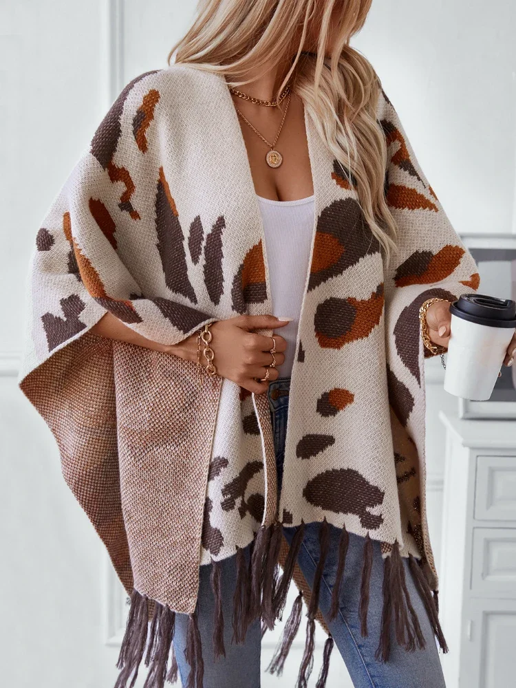 Dames Sjaal Capes Luipaard Print Gebreide Kwastje Poncho 'S Mantel Losse Casual Elegante Splice Jas Herfst Winter Open Steek