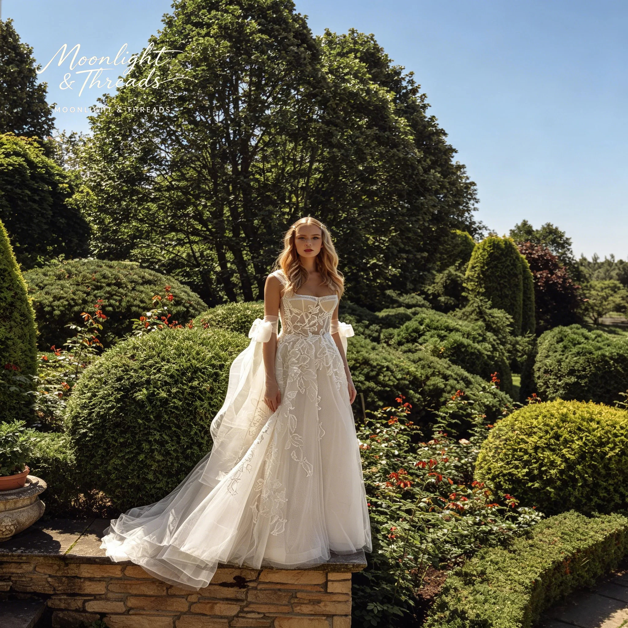 Ivory white strapless tulle dress, floor-length formal occasion wedding gown with fishbone openwork embroidery design