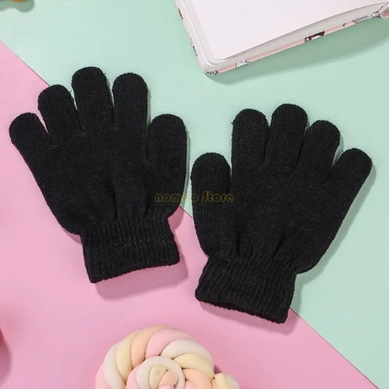 31BF 6 Pairs Kids Winter Knitted Full Finger Gloves Solid Color Warm Mittens