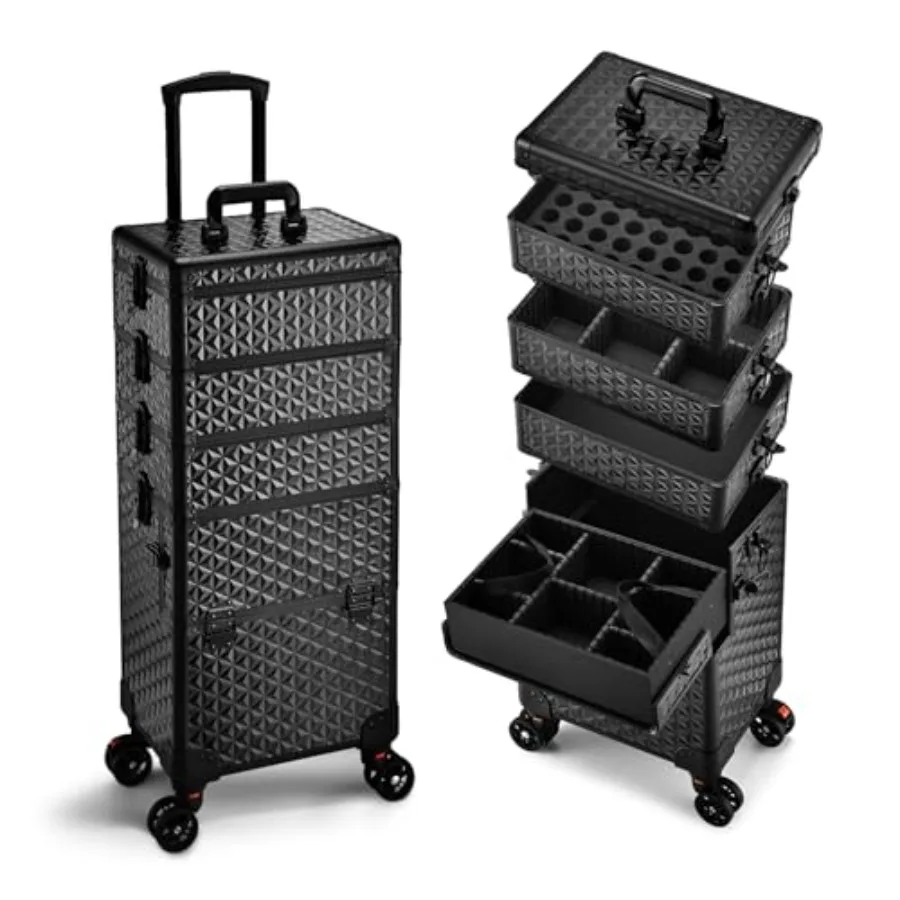 

5 in 1 Makeup Train Case for Travel and Salon Use, Black ABS Plastic Rolling Cosmetic Storage Box with 360 Swivel Wheels, Extra