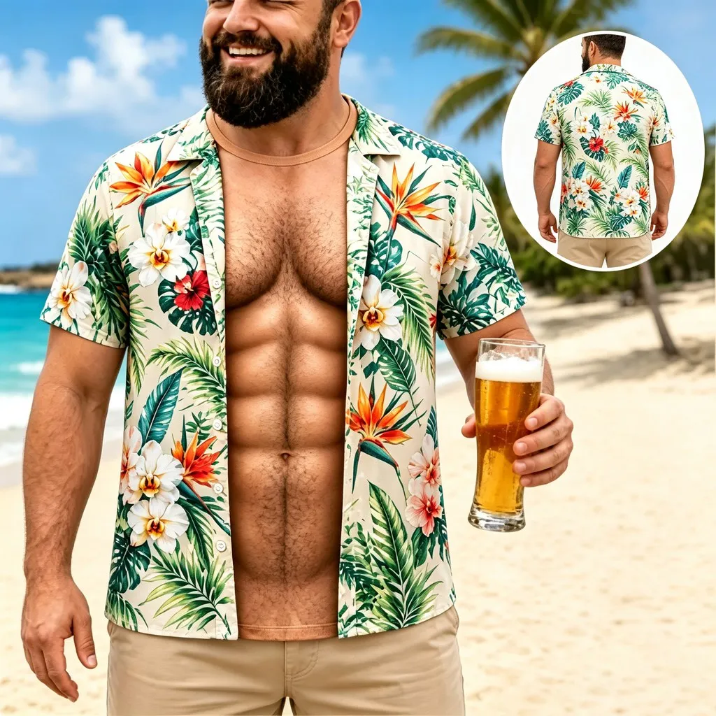 Men Funny Muscle Illusion T-Shirt 3D Graphic Print Fake Hawaiian Floral Leaf Tee Prank Gift Summer Holiday Casual Beach Gift
