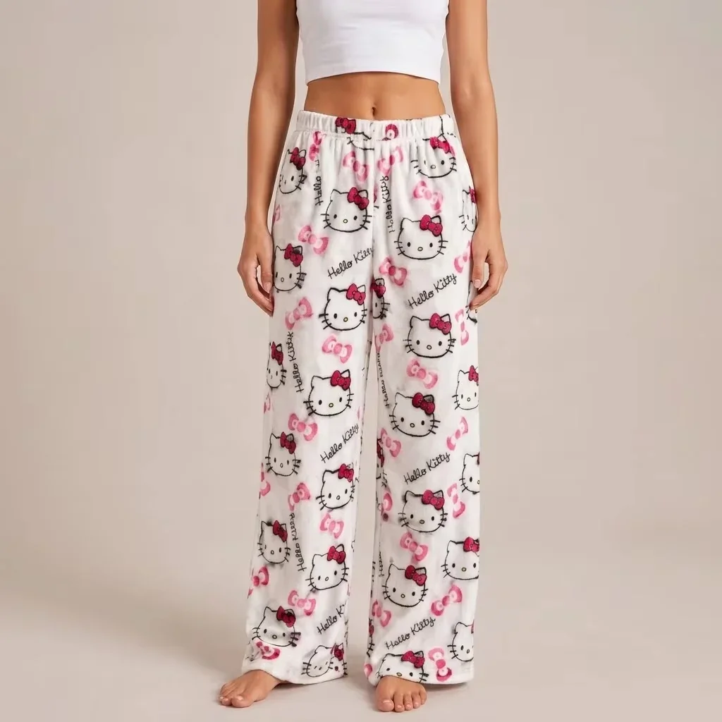 Hello Kitty Christmas Halloween Series Cartoon  Flannel Pajama Pants Loose Soft Winter Unisex Loungewear Pants FamilyMatching