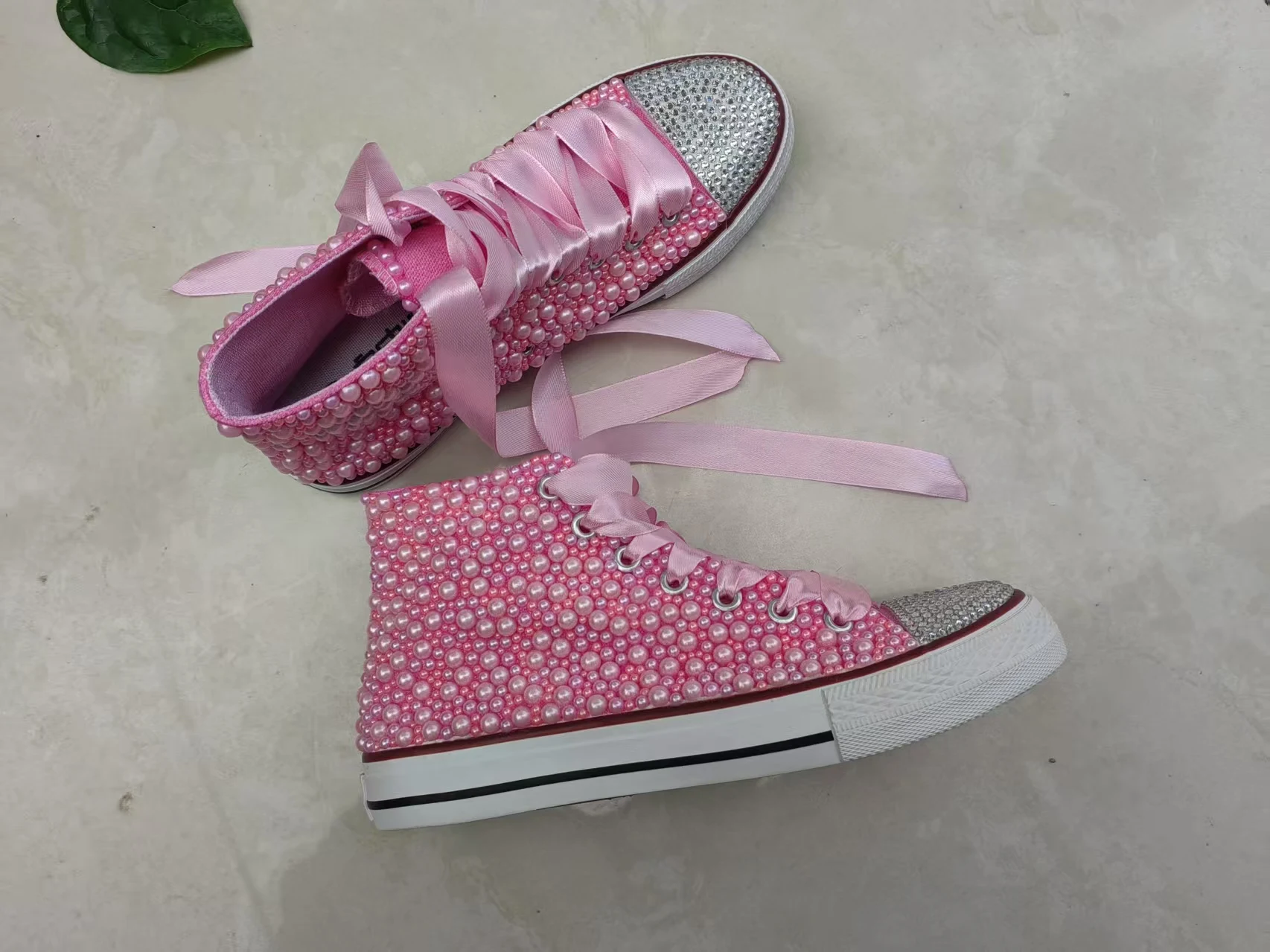 Hand-made pink high-top pearl rhinestones party plimsolls Heavy industry large size lace-up casual sports women's shoes 35-44
