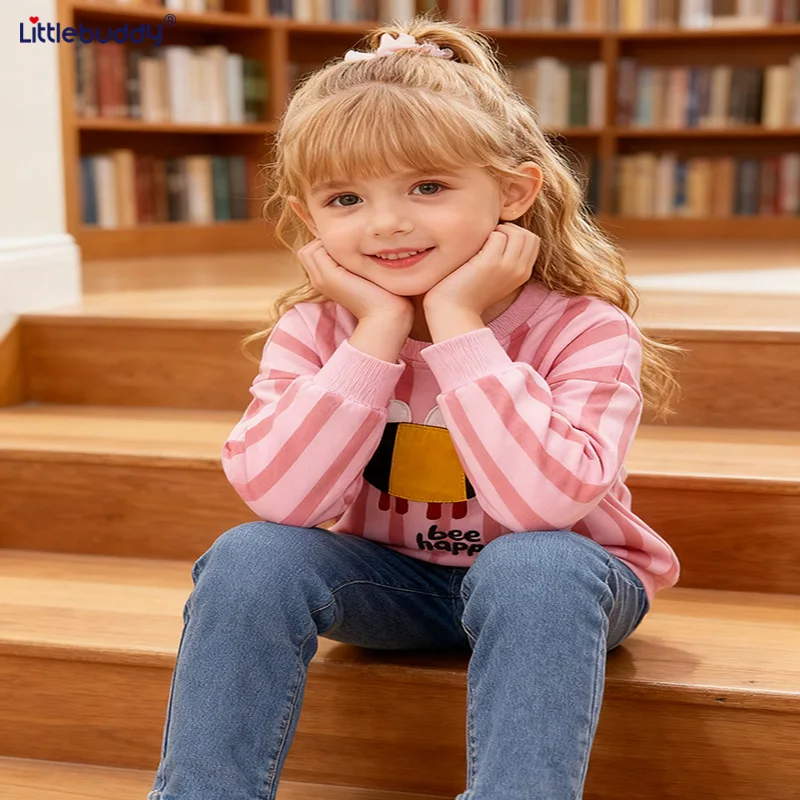 

Girls' Stylish Sweatshirt Autumn Winter New Style Children's Striped Crew Neck Long Sleeve Pullover for Autumn
