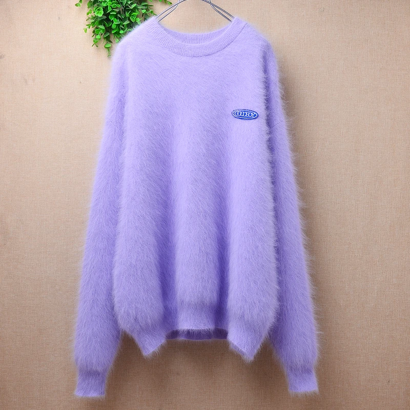 Ladies Women Fall Winter Clothing Purple Hairy Mink Cashmere Knitted O-Neck Long Sleeve Loose Pullover Angora Fur Jumper Sweater