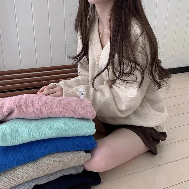 

Шикарный осенне-зимний свободный базовый трикотаж V-Ne ярких цветов, повседневный женский свитер средней длины, удобный для поездок на работу модный