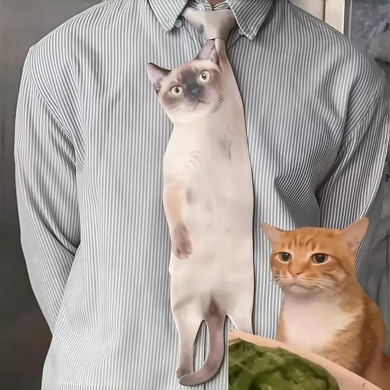 New-3D Cat Cat-shaped Unisex Tie Creative Animal Pattern Kitten Necktie Satin Fabric Lifelike Neck Tie For Wedding Party