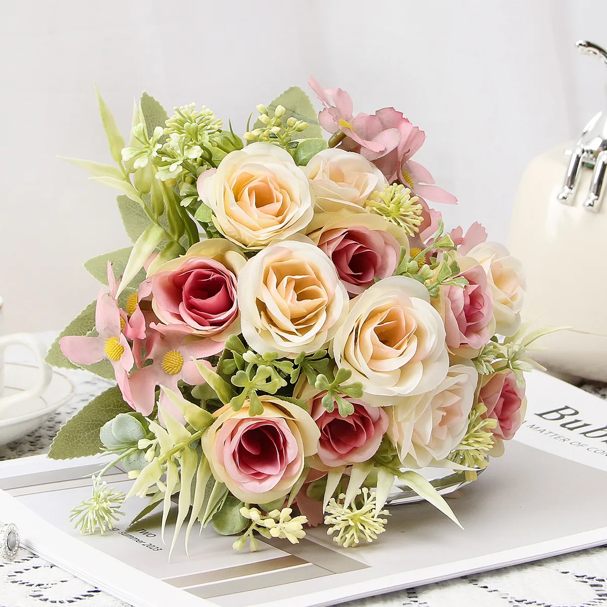 5 Fork 8 Head Artificial Flower Bouquet Nordic Mona Rose Wedding Home Decoration Artificial Flower Scene Props Fake Flowers