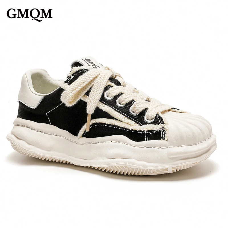 GMQM Brand Fashion Women‘s Genuine Leather Sneakers Round Toe Flats Sport Vulcanized Shoes Skateboard Shoes Walking Sneakers