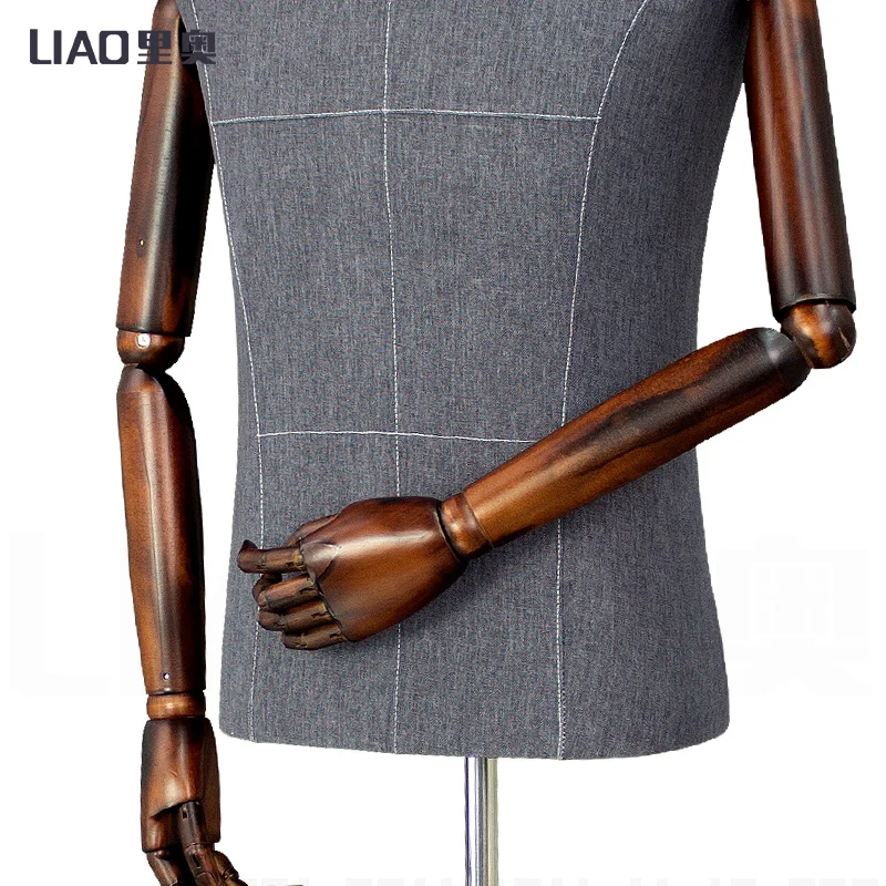 Business Suit Male Mannequin Wood Flexible Arms Black Linen Upper Half Body Male Mannequin for Men Dummy Suits Display