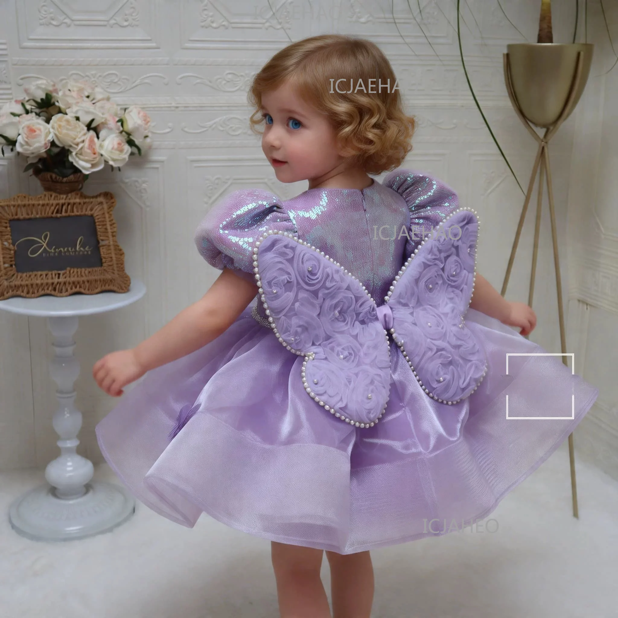 Girls Puff Sleeve Fashion New Party Gown Costume Sweet  Children Girls Birthday Sequin Dress, Purple Bow Tulle Princess Dress