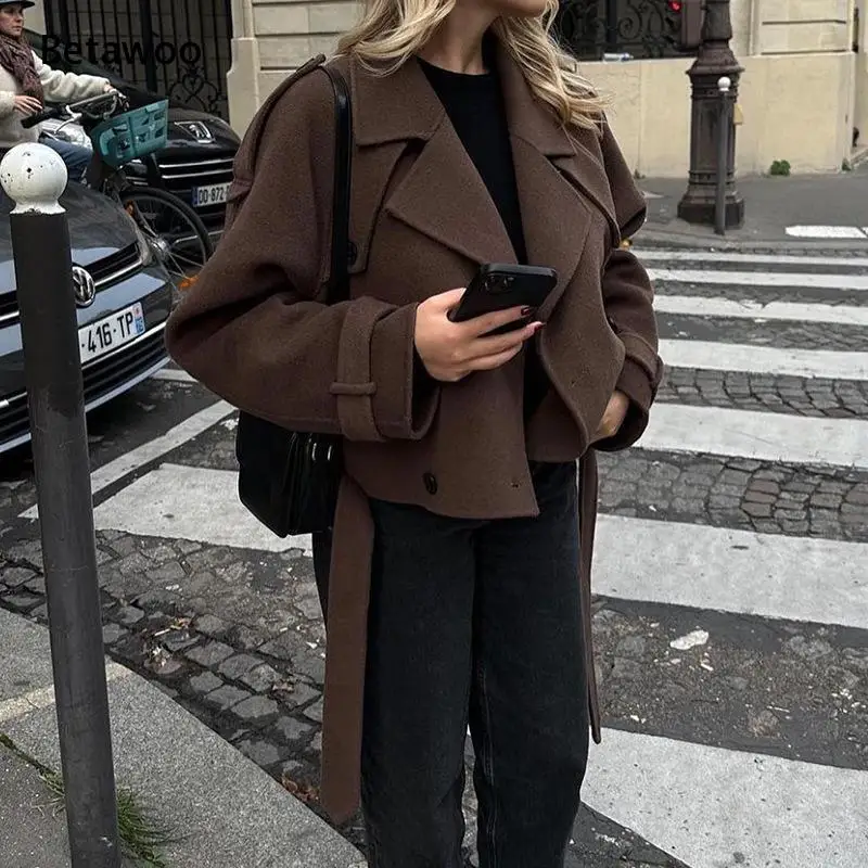 Notched Lapel Long Belted Cropped Wool Jacket Loose Casual Women Outerwear Street Daily Coat