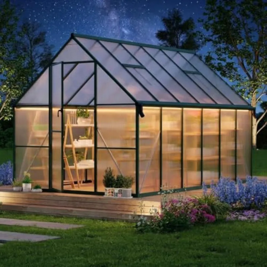 8 x 14 ft Outdoor Polycarbonate Greenhouse Kit, Heavy Duty Greenhouse with Reinforced Aluminum Frame, Adjustable Roof Vent, Loc