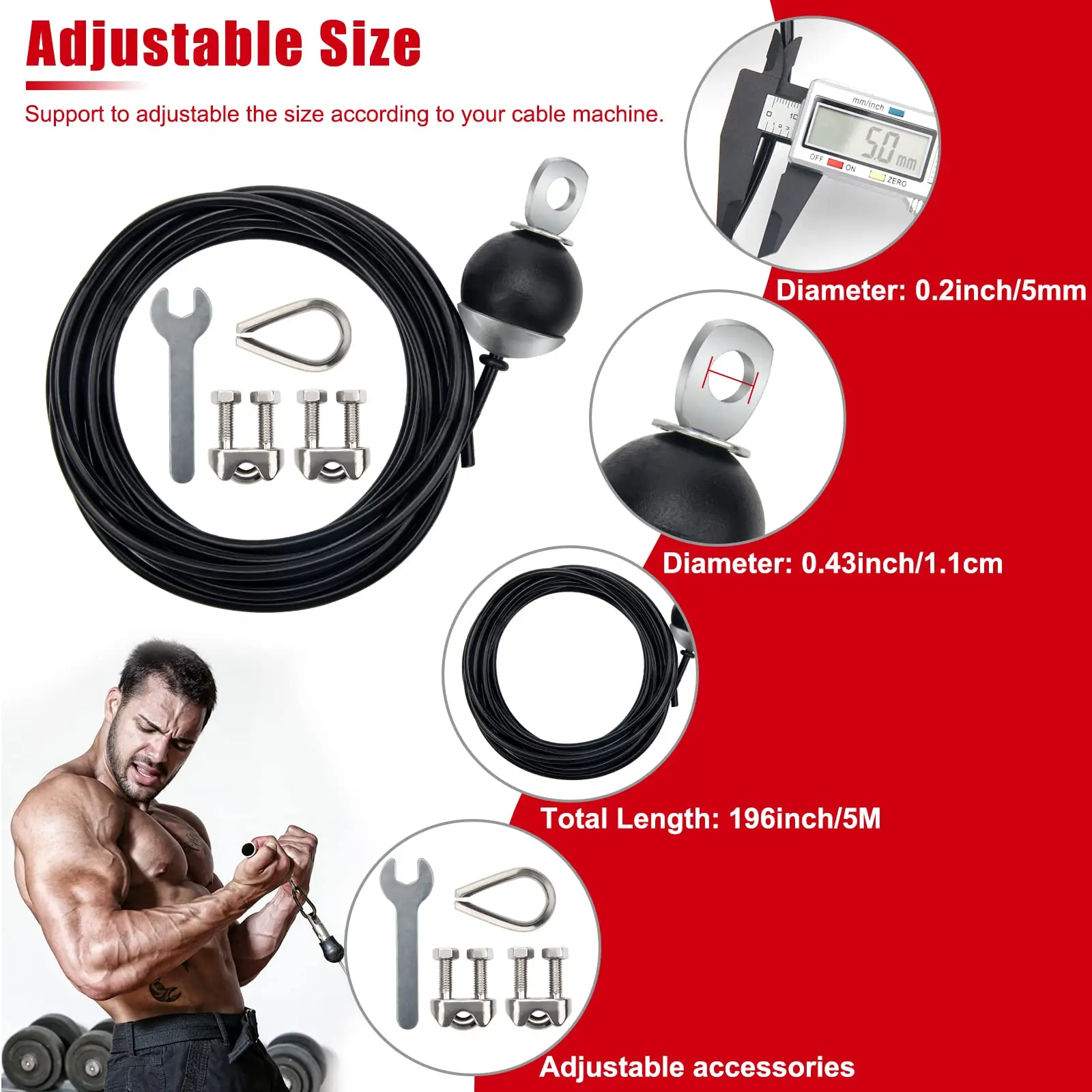 2M 2.5M 3M 4M Fitness Pulley Replacement Cable Thick 5mm Heavy Duty Steel Wire Rope Home Gym Cable Pulley Machine Accessories