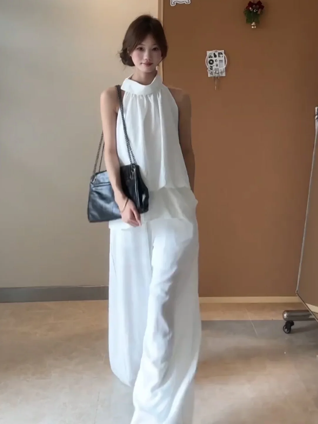 

White Design Neck Hanging Top Women's Summer New Style Slimming Versatile Casual Pants OOTD Set Breathable High Waist Pants