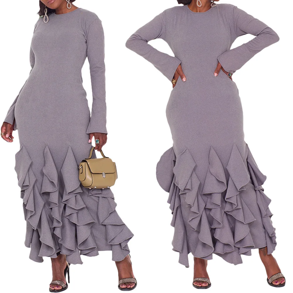 African Dresses for Women Elegant 2024 Spring Long Sleeve O-neck Gray Polyester Long Maxi Dress Dashiki African Clothing S-3XL