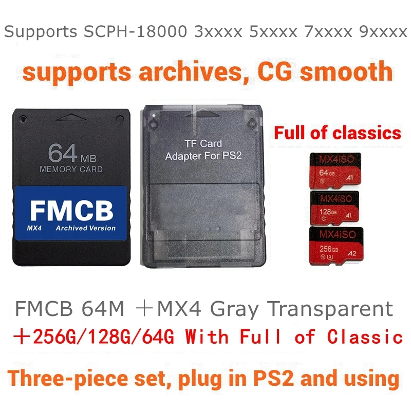 Higher Compatibility SIO2SD PS2 MX4 TF/SD Card Adapter for PS2  All Consoles + FMCB Card  + 256G/128G/64G SD Select package