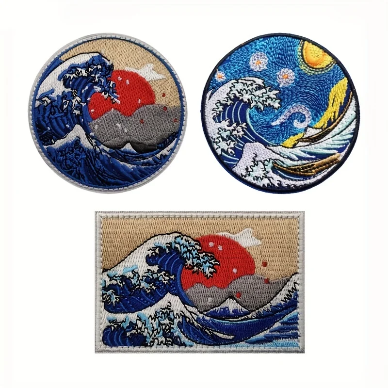 Vintage taktische klett patch Ukiyo-e bestickter, Wave Moral Velcros Patch Hook & Loop – japanische Hokusai Kanagawa für Molle Tactical Gear & Kleidung