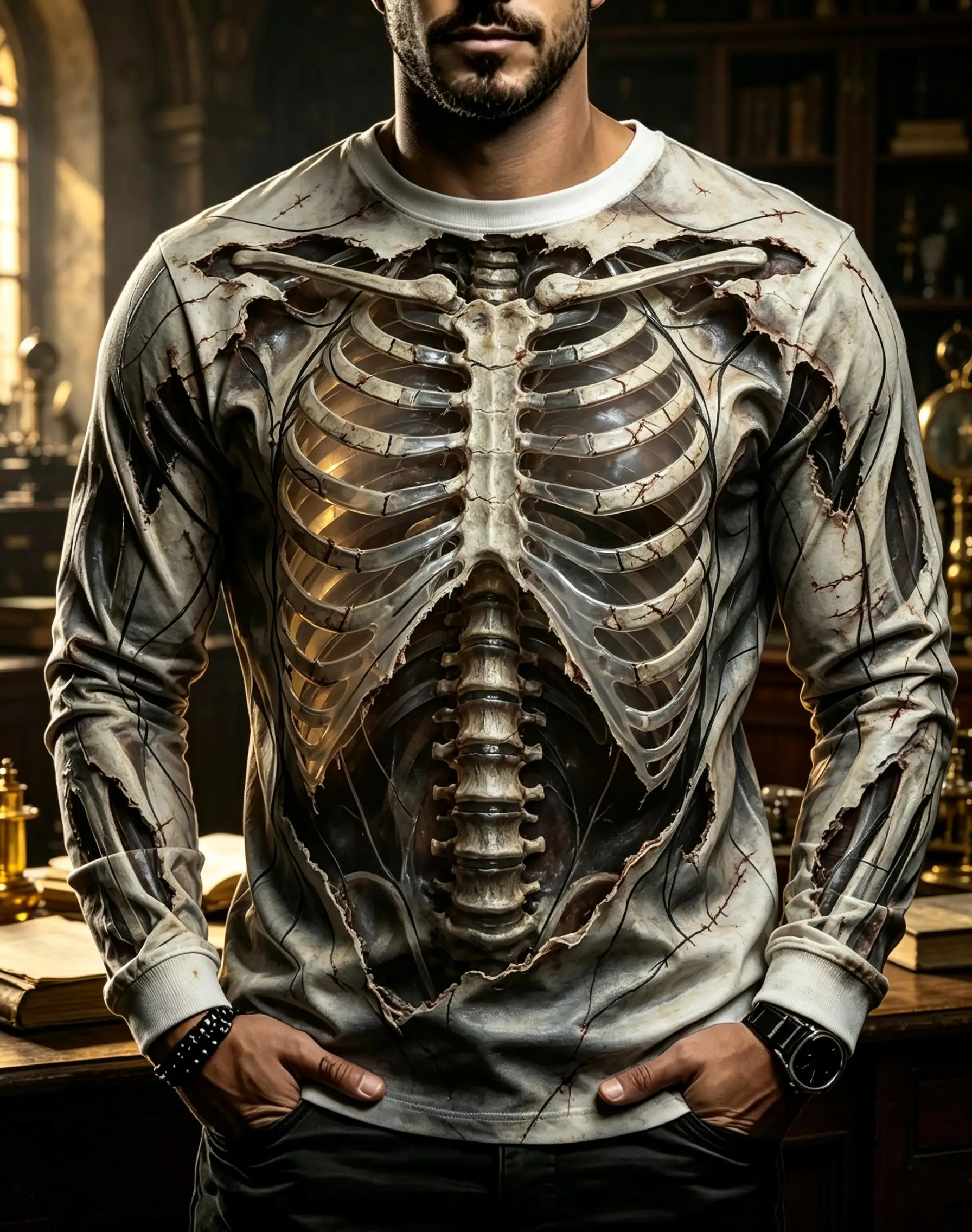 Vintage Ripped Effect Human Skeleton Full Print Long Sleeve Tee, Men Polyester Horror Art Shirt