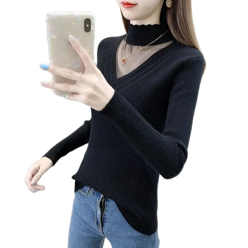 

Half-necked Knitted Sweater Women's Fashion Base Sweater 2023 Autumn And Winter New Lace Slim Long-sleeved Pullover Maoyinv