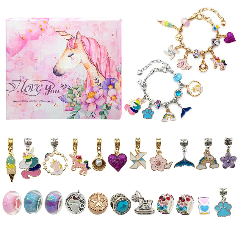 Unicorn Blind Gift Box Mixed Color DIY Accessories Set Colorful Pendant Beads Christmas Cartoon Children Chain Charms Bracelet