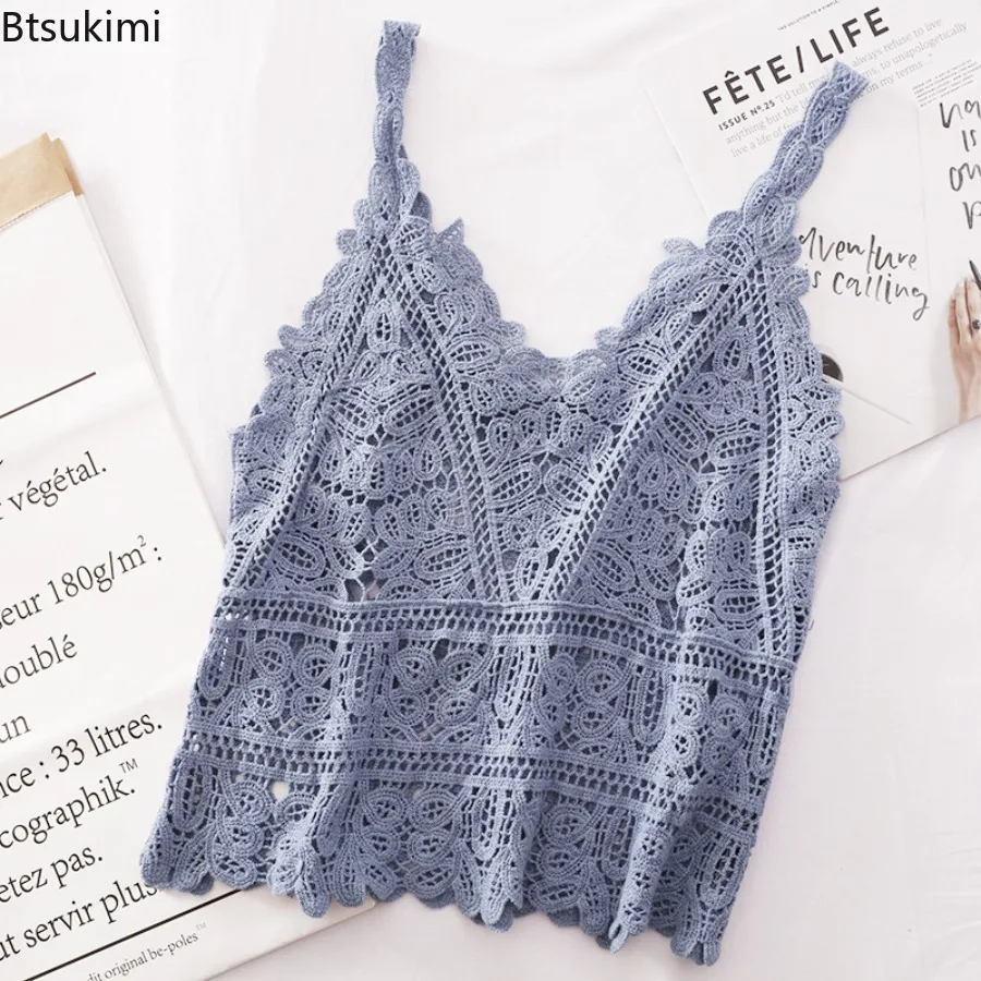 Women's Summer Hook Flower Lace Hollowed Out Vest Simple Waistcoat Slim Fit Versatile Camisole Small Vest Casual Pullover Top