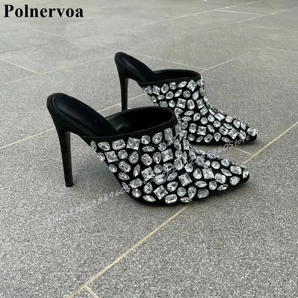 

Catwalk Black Sparkling Crystal Half Slippers Thin High Heel Women Shoes Slip On Pointed Toe 2025 Fashion Zapatos Para Mujere