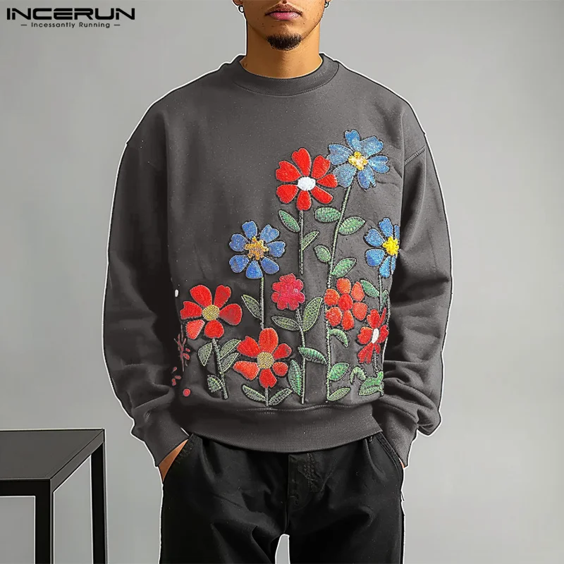 Handsome Well Fitting Tops INCERUN Men Tops Floral Print Pullovers Stylish Male Personality Long Sleeved Sweatshirts S-4XL 2024