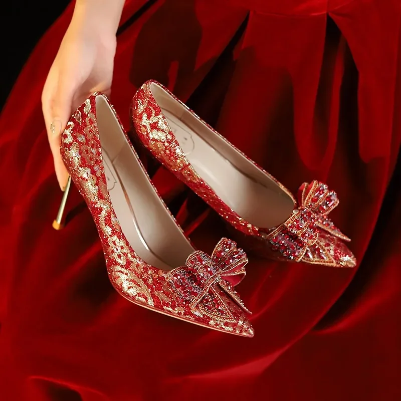 New Red Wedding Shoes for Women with Thin Heels, Pointed Bow, Crystal Chinese Style, Not Tiring Feet, Bride High Heels