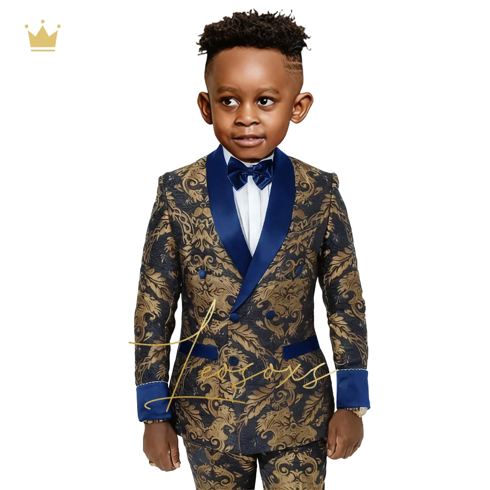 

Boys' two-piece suit set, custom double-breasted blue and gold jacquard jacket and trousers, wedding party attire.