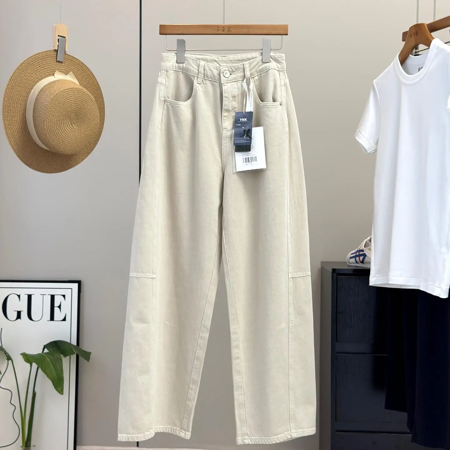 

Slimming High Waist Straight Leg Jeans Leser Cotton Thin Slice Tailoring Knife Jeans for Women Summer Season Zipper Closure