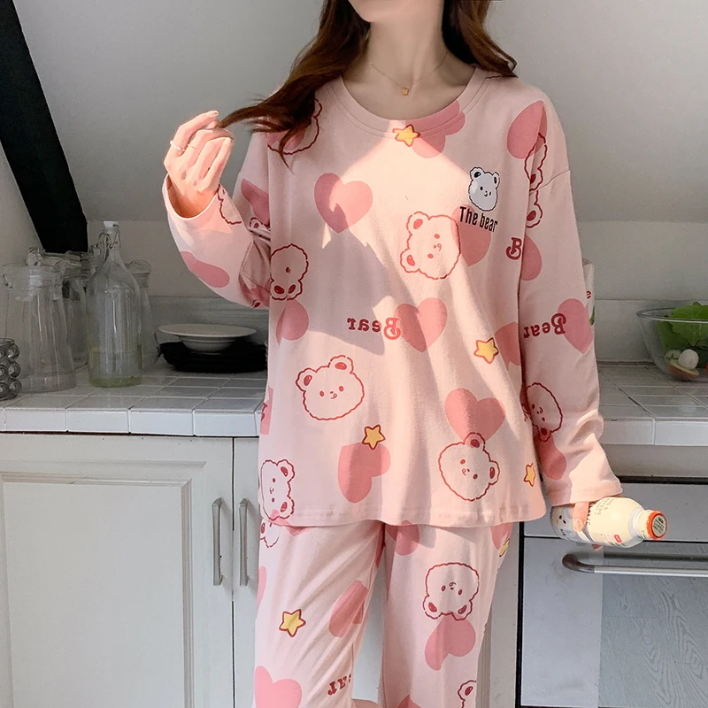 Bear Love Heart Women Pajamas Set Cute Kawaii Sleepwear Long Sleeves Long Pants Autumn Winter Pullover Pyjamas Ladies Pijamas