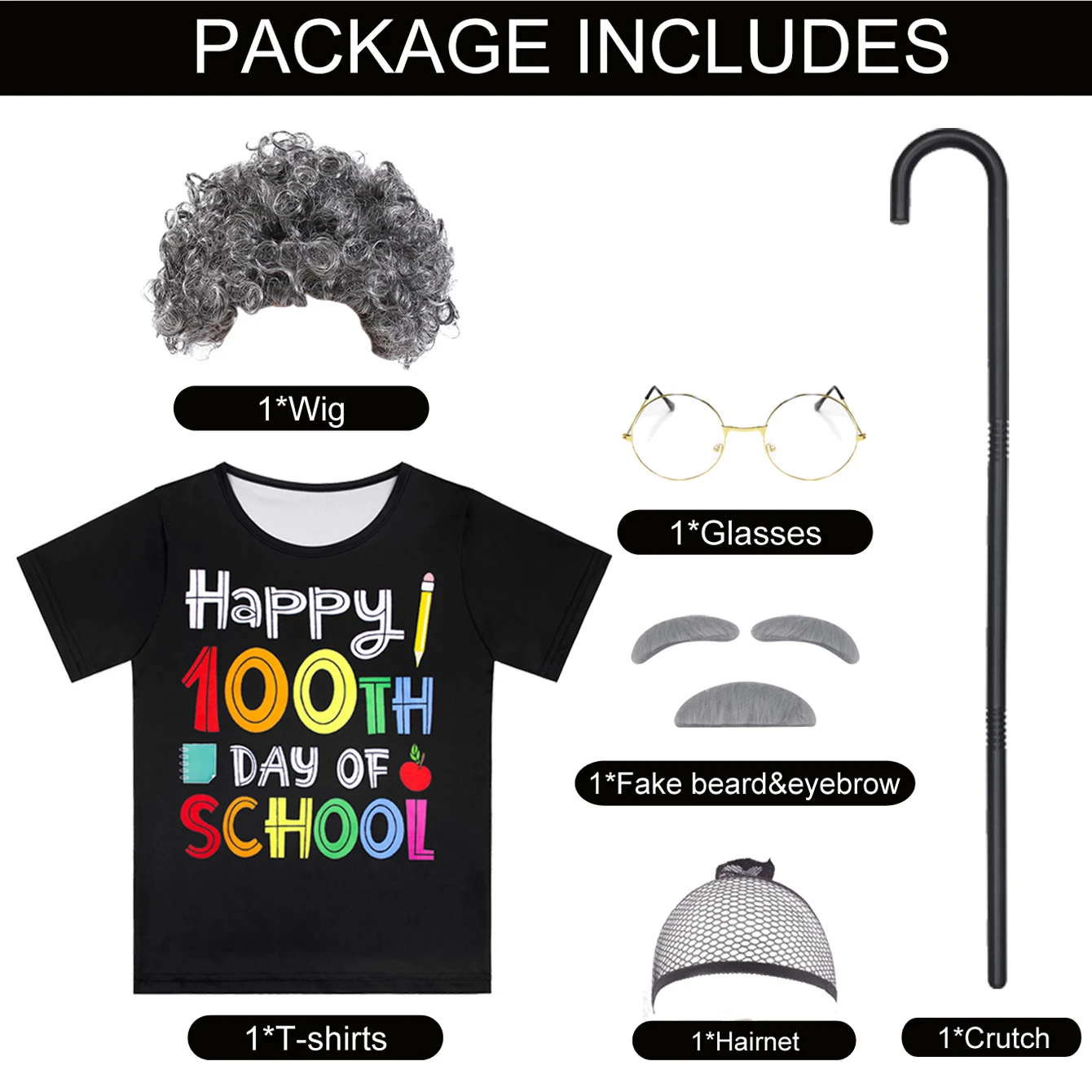 100 Days Of School Old Man Costume and Accessories for Kids Boys Dress up Grandpa Hat Glasses,Old Person Mustache