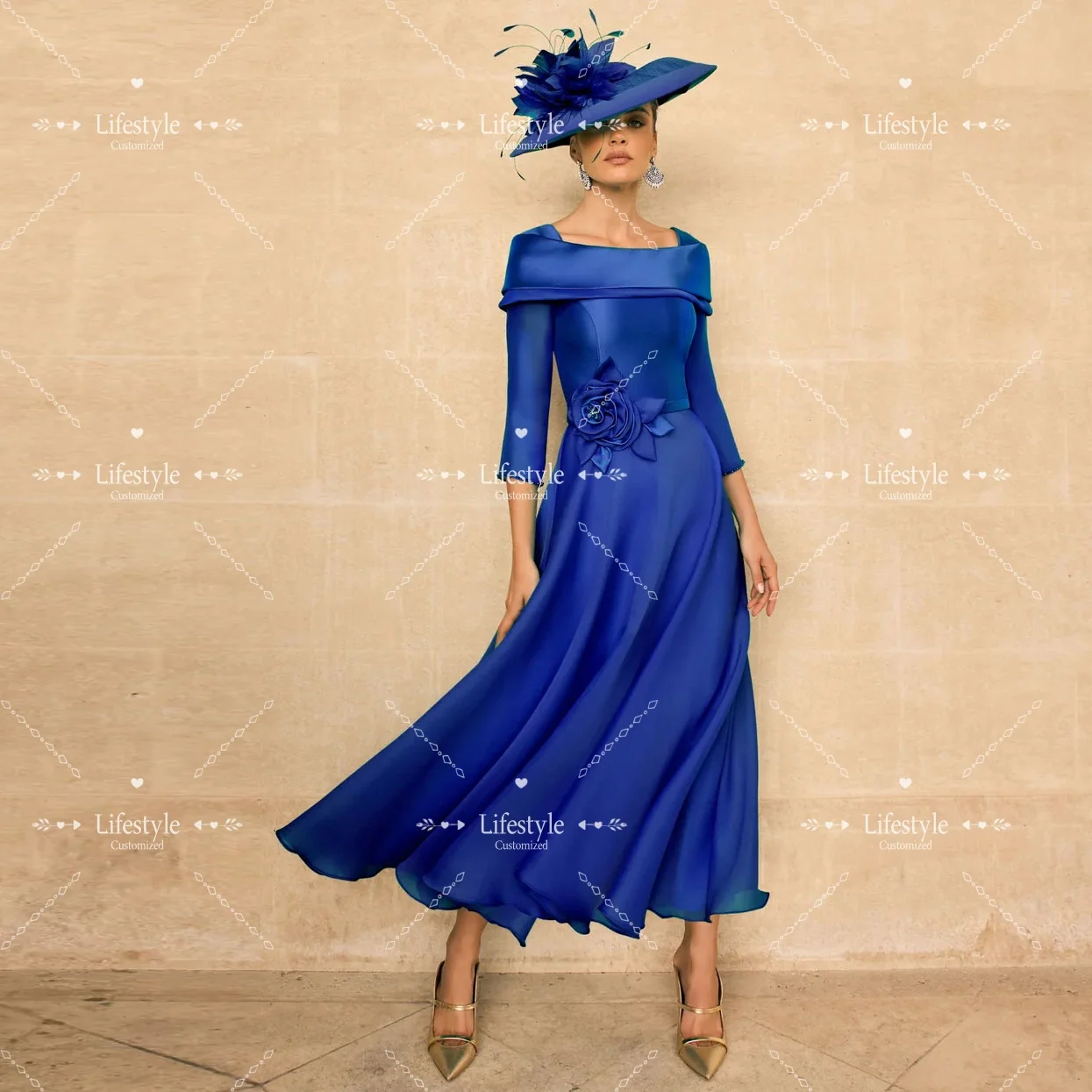 

Customized 3/4 Sleeves Elegant Women 3D Flower Evening Dresses For Formal Occasion Satin Beads Prom Dress A-line Party Gown