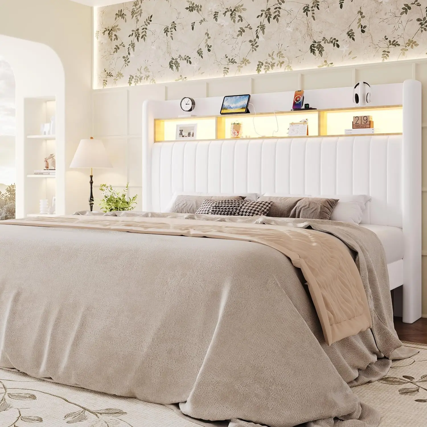 Queen Queen Size Platform Bed Frame / 2-Tier Storage Shelf/Velvet Wingback Upholstered Headboard/LED Lights and Charging, Customized - Aliexpress Deal