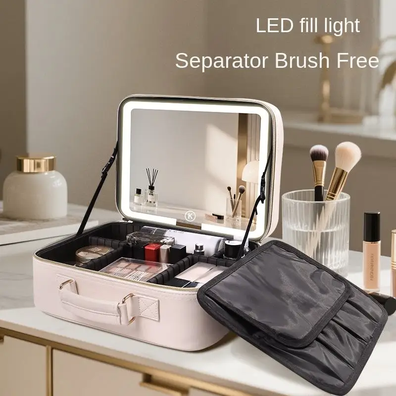Large Capacity Portable Makeup Bag with LED Light And Mirror Removable Partition PU Leather Cosmetic Storage Case For Travel