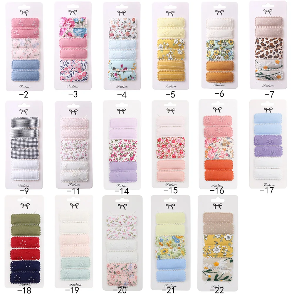 6Pcs/Set Fabric Barrettes Square Flower Print Snap Hair Clips for Baby Girls Infant Lace Embroidery Hairpins Handmade Hair Bows