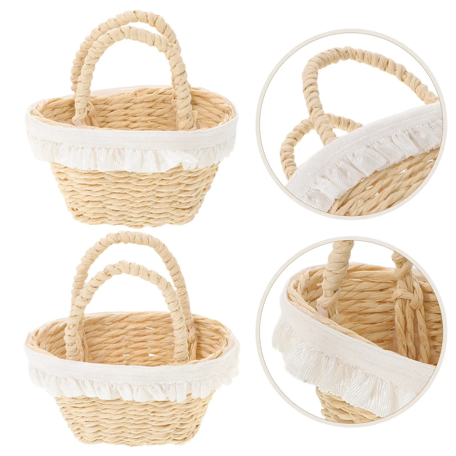 

2Pcs Mini Woven Basket with Handles for Dollhouse Decor Tiny Flower Basket Handwoven Lace Trim Desktop Storage Craft Prop