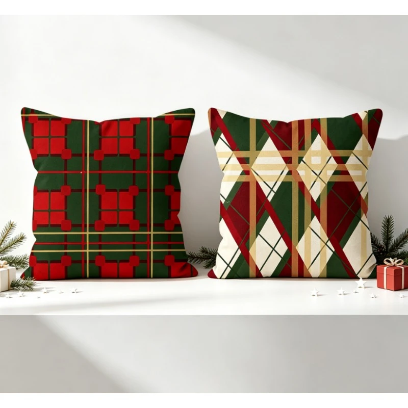 2pc Christmas Plaid Argyle Throw Pillow Covers Set of 2 Classic Holiday Decorative Square Cushion Cases for Sofa Couch