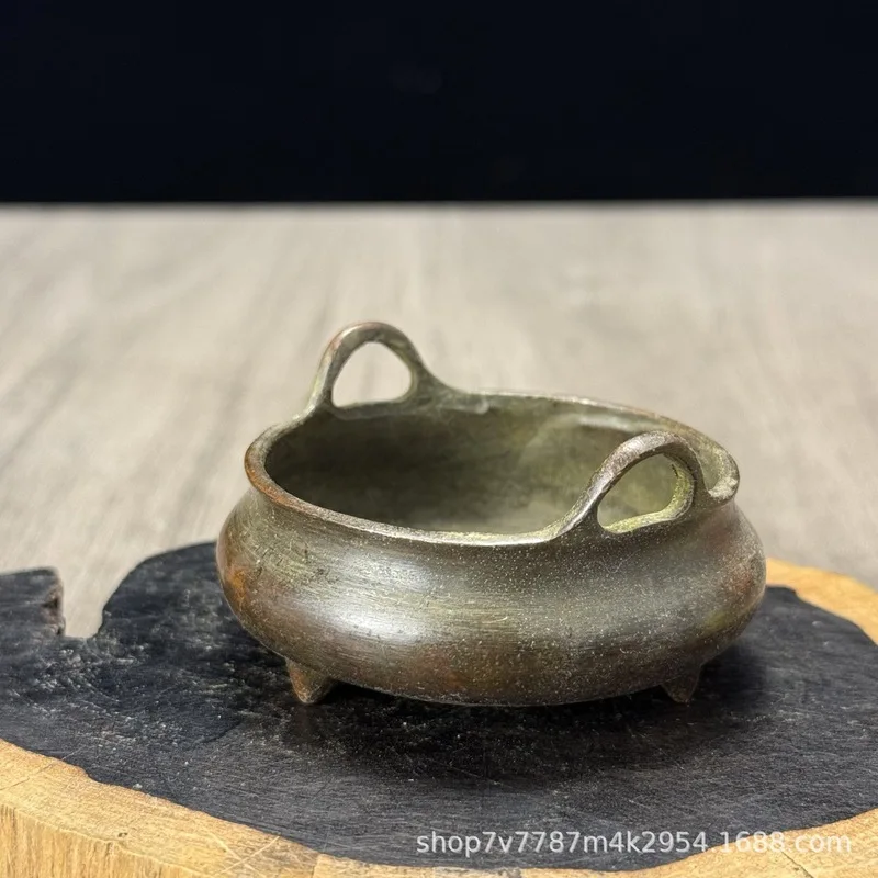 Antique-Style Brass Alloy Craft Double-Eared Three-Legged Incense Burner Home Decorative Ornament