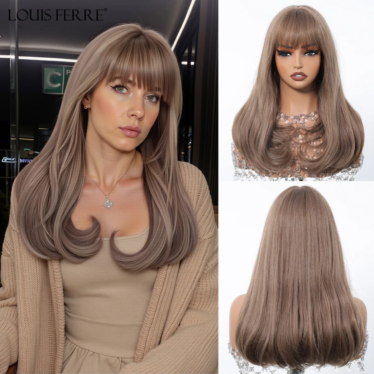 

Medium Wavy Hair Wig For Women Light Brown Synthetic Wigs With Bangs Natural High Density Daily Party Wig High Temperature